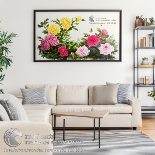 Tranh Sơn Dầu Phong Thủy Tám Hoa Mẫu Đơn