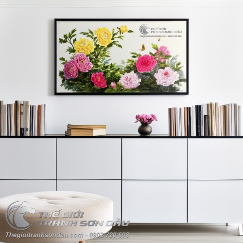 Tranh Sơn Dầu Phong Thủy Tám Hoa Mẫu Đơn