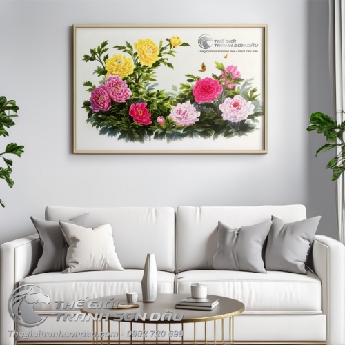 Tranh Sơn Dầu Phong Thủy Tám Hoa Mẫu Đơn