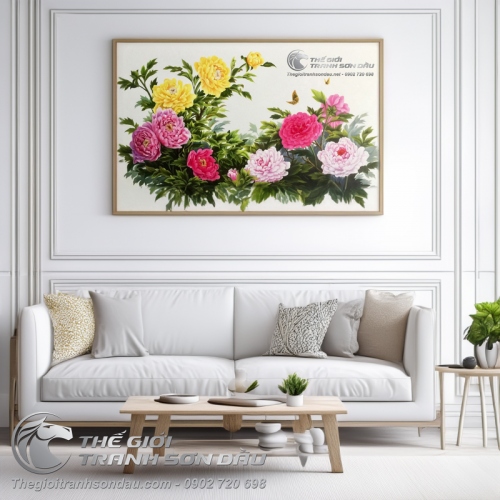 Tranh Sơn Dầu Phong Thủy Tám Hoa Mẫu Đơn