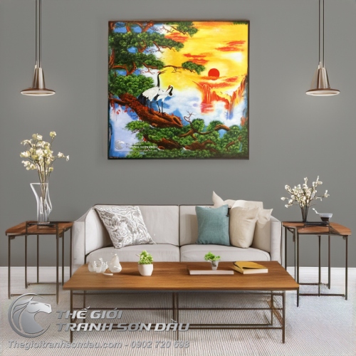 Tranh Sơn Dầu Phong Thủy Tùng Hạc Dưới Ánh Mặt Trời