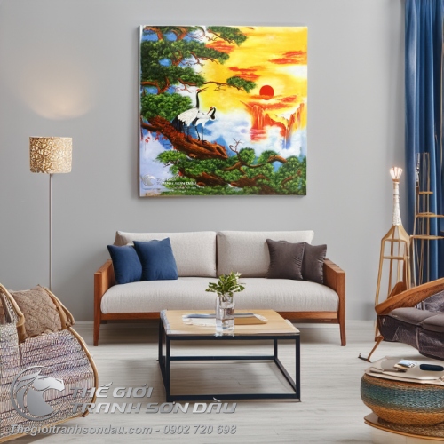 Tranh Sơn Dầu Phong Thủy Tùng Hạc Dưới Ánh Mặt Trời