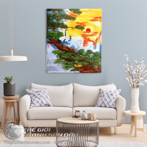 Tranh Sơn Dầu Phong Thủy Tùng Hạc Dưới Ánh Mặt Trời