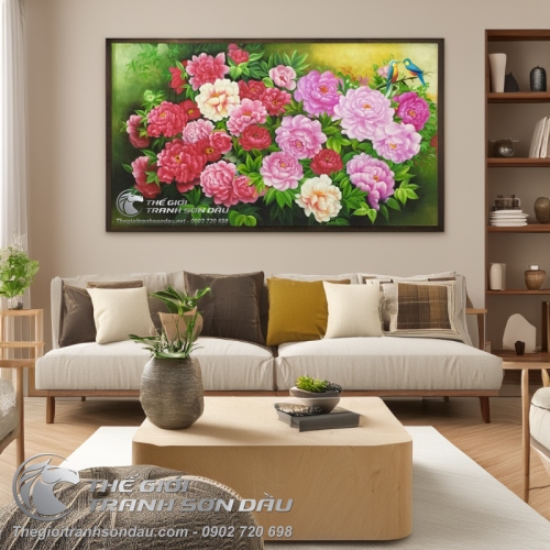 Tranh Sơn Dầu Phong Thủy Vườn Hoa Mẫu Đơn