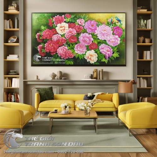Tranh Sơn Dầu Phong Thủy Vườn Hoa Mẫu Đơn