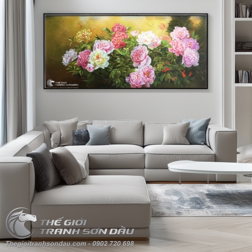Tranh Sơn Dầu Phong Thủy Vườn Hoa Mẫu Đơn Rực Rỡ