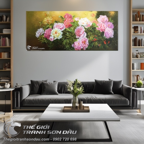 Tranh Sơn Dầu Phong Thủy Vườn Hoa Mẫu Đơn Rực Rỡ