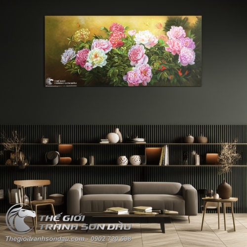 Tranh Sơn Dầu Phong Thủy Vườn Hoa Mẫu Đơn Rực Rỡ