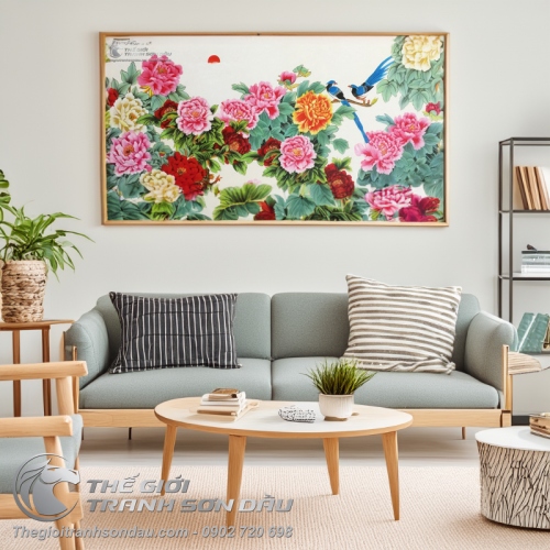 Tranh Sơn Dầu Phong Thủy Vườn Hoa Mẫu Đơn Và Đôi Chim