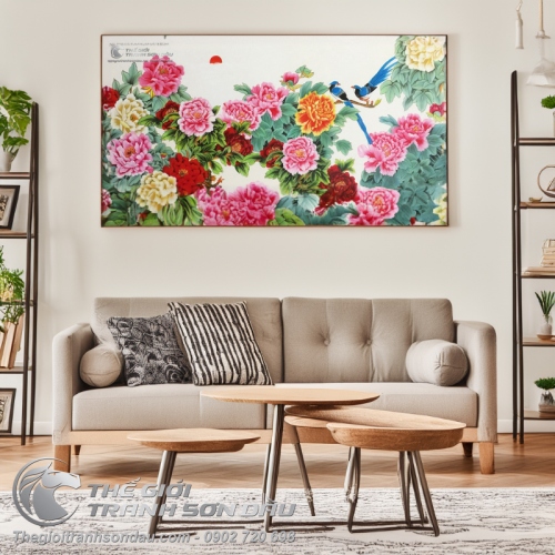 Tranh Sơn Dầu Phong Thủy Vườn Hoa Mẫu Đơn Và Đôi Chim