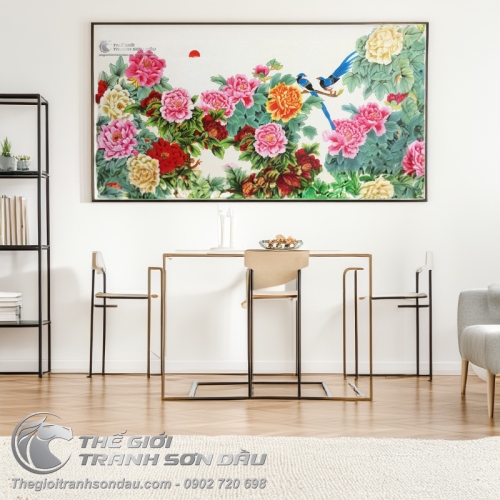 Tranh Sơn Dầu Phong Thủy Vườn Hoa Mẫu Đơn Và Đôi Chim