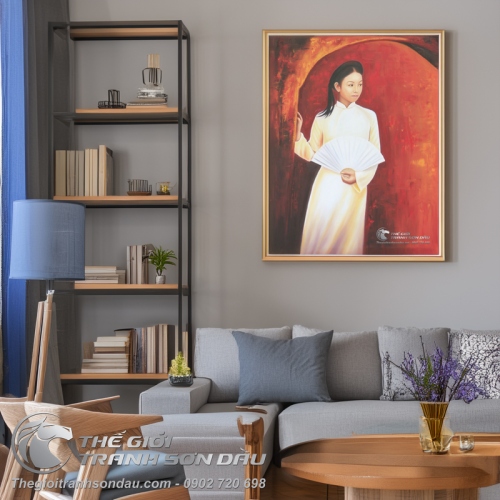 Tranh Sơn Dầu Thiếu Nữ Áo Dài Cầm Quạt