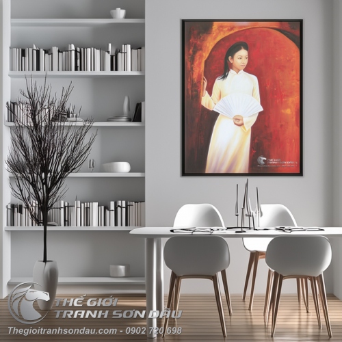 Tranh Sơn Dầu Thiếu Nữ Áo Dài Cầm Quạt