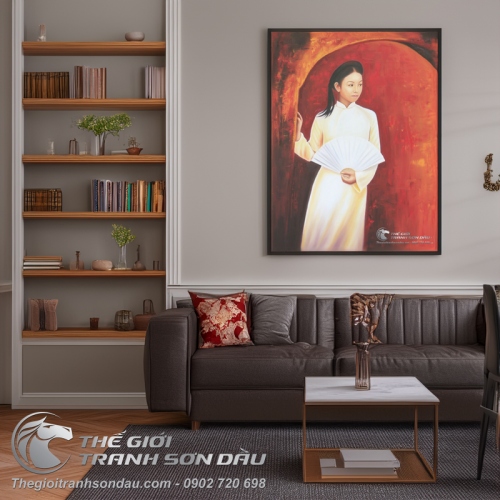 Tranh Sơn Dầu Thiếu Nữ Áo Dài Cầm Quạt