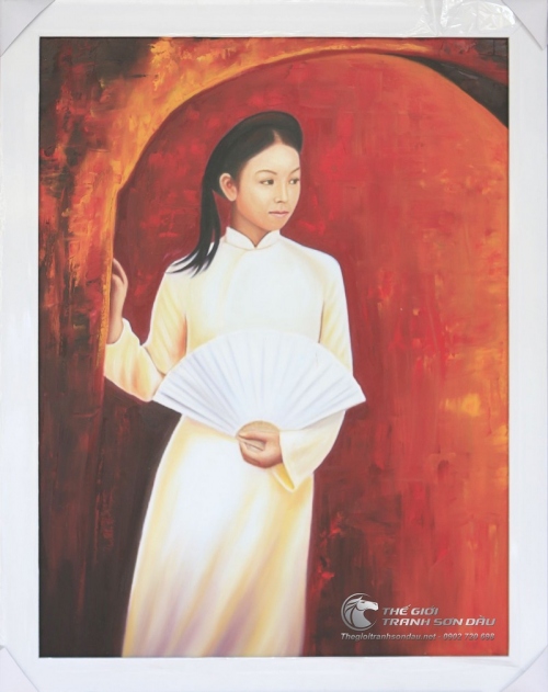 Tranh Sơn Dầu Thiếu Nữ Áo Dài Cầm Quạt