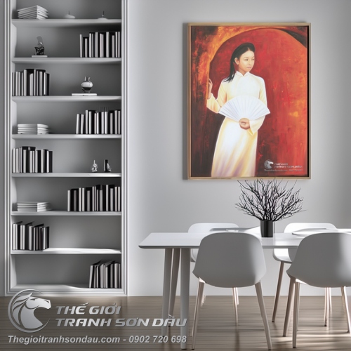 Tranh Sơn Dầu Thiếu Nữ Áo Dài Cầm Quạt