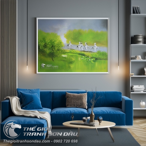 Tranh Sơn Dầu Thiếu Nữ Việt Nam Mặc Áo Dài Chạy Xe Đạp