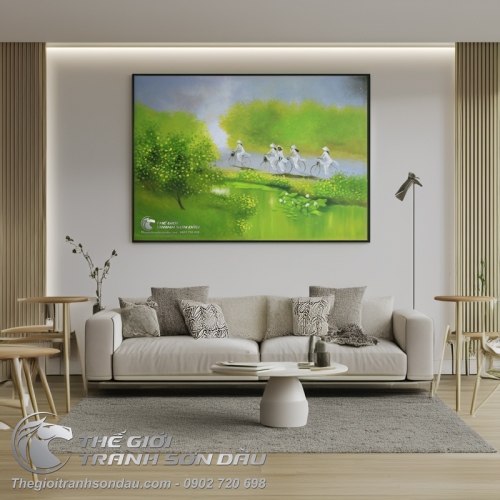 Tranh Sơn Dầu Thiếu Nữ Việt Nam Mặc Áo Dài Chạy Xe Đạp