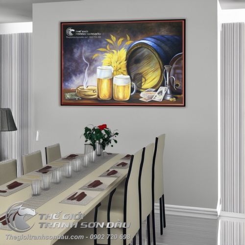 Tranh Sơn Dầu Thùng Bia Trang Trí Phòng Rượu