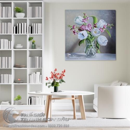 Tranh Sơn Dầu Tĩnh Vật Bình Hoa Trang Trí Phòng Ngủ