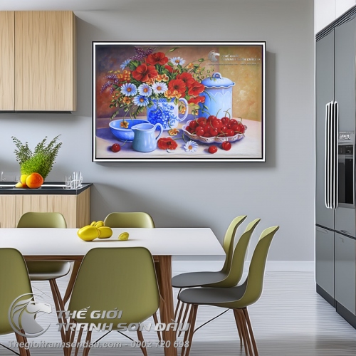Tranh Sơn Dầu Tĩnh Vật Bình Hoa và Quả Cherry