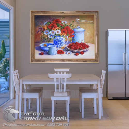 Tranh Sơn Dầu Tĩnh Vật Bình Hoa và Quả Cherry
