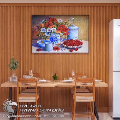 Tranh Sơn Dầu Tĩnh Vật Bình Hoa và Quả Cherry