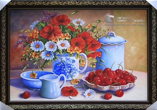Tranh Sơn Dầu Tĩnh Vật Bình Hoa và Quả Cherry