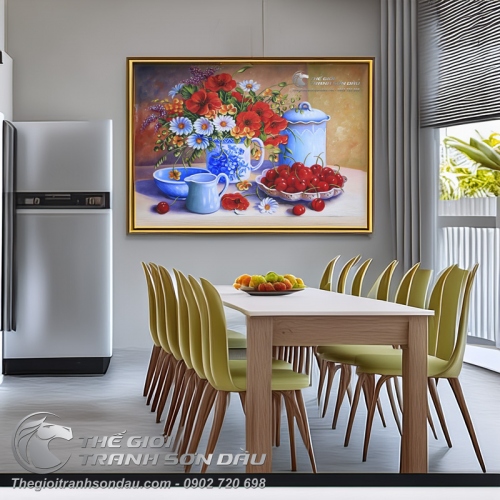 Tranh Sơn Dầu Tĩnh Vật Bình Hoa và Quả Cherry