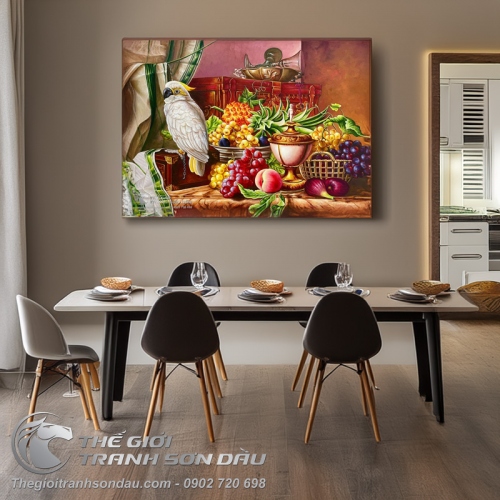 Tranh Sơn Dầu Tĩnh Vật Vẹt Bên Đĩa Trái Cây Nghệ Thuật