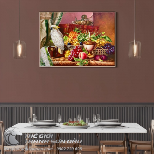 Tranh Sơn Dầu Tĩnh Vật Vẹt Bên Đĩa Trái Cây Nghệ Thuật