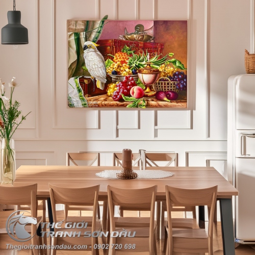 Tranh Sơn Dầu Tĩnh Vật Vẹt Bên Đĩa Trái Cây Nghệ Thuật