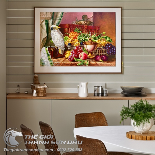 Tranh Sơn Dầu Tĩnh Vật Vẹt Bên Đĩa Trái Cây Nghệ Thuật