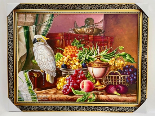 Tranh Sơn Dầu Tĩnh Vật Vẹt Bên Đĩa Trái Cây Nghệ Thuật