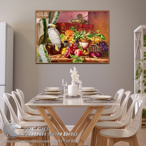 Tranh Sơn Dầu Tĩnh Vật Vẹt Bên Đĩa Trái Cây Nghệ Thuật