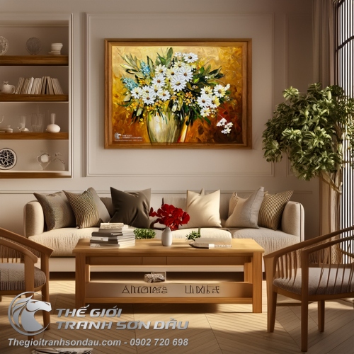 Tranh Sơn Dầu Vẽ Bình Hoa Cúc Đẹp Giá Tốt