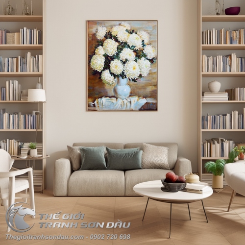 Tranh Sơn Dầu Vẽ Bình Hoa Cúc Trắng Đơn Giản