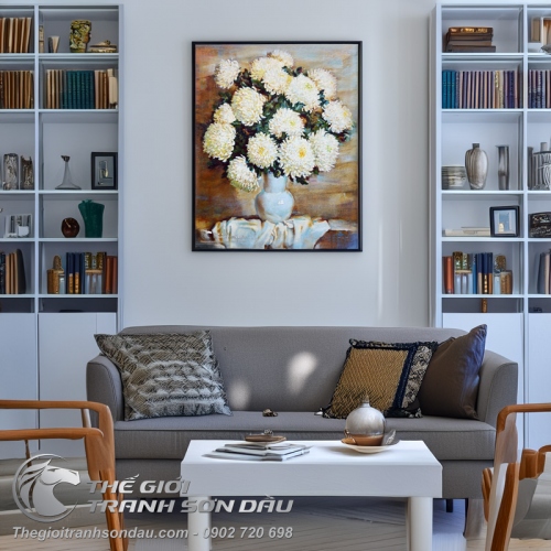 Tranh Sơn Dầu Vẽ Bình Hoa Cúc Trắng Đơn Giản