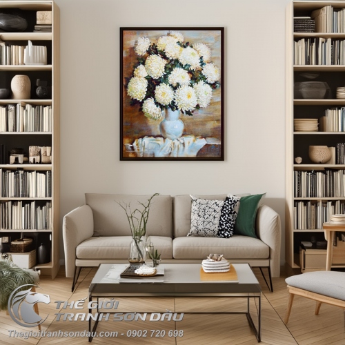 Tranh Sơn Dầu Vẽ Bình Hoa Cúc Trắng Đơn Giản