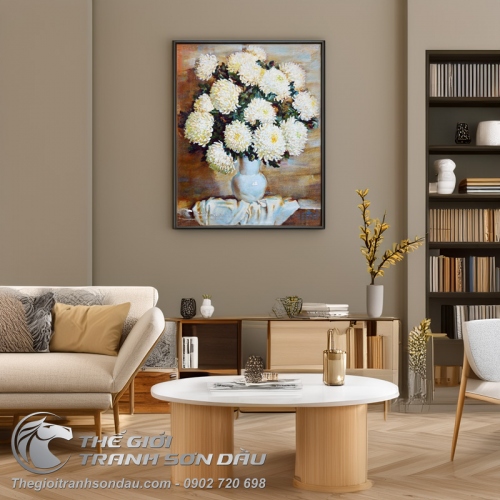 Tranh Sơn Dầu Vẽ Bình Hoa Cúc Trắng Đơn Giản
