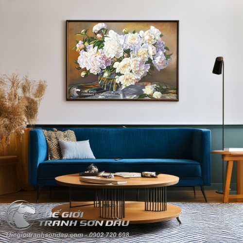 Tranh Sơn Dầu Vẽ Bình Hoa Mẫu Đơn Màu Trắng