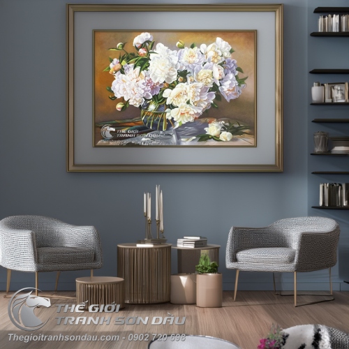 Tranh Sơn Dầu Vẽ Bình Hoa Mẫu Đơn Màu Trắng