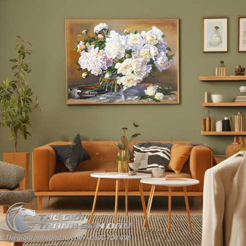 Tranh Sơn Dầu Vẽ Bình Hoa Mẫu Đơn Màu Trắng