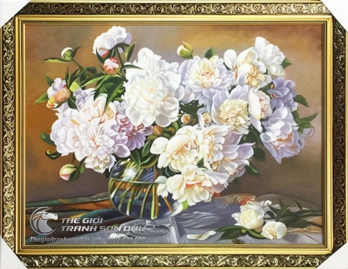Tranh Sơn Dầu Vẽ Bình Hoa Mẫu Đơn Màu Trắng