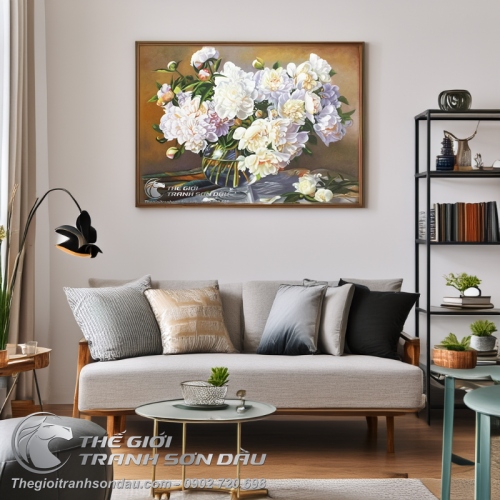 Tranh Sơn Dầu Vẽ Bình Hoa Mẫu Đơn Màu Trắng
