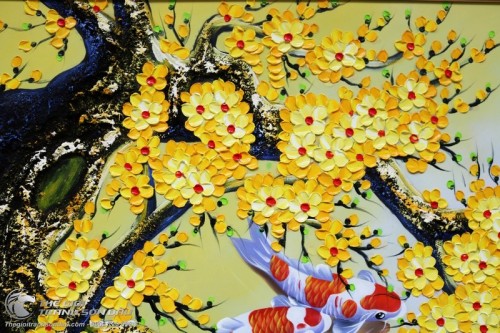 Tranh Sơn Dầu Vẽ Chín Con Cá Chép Dưới Gốc Mai Vàng