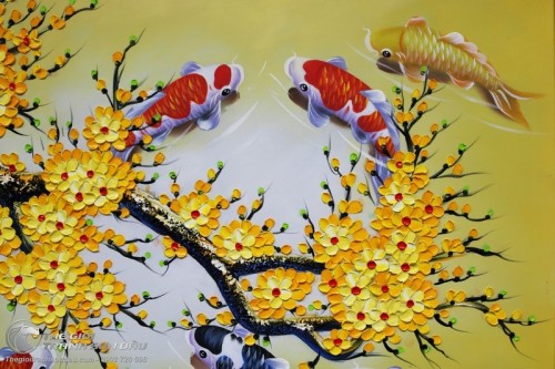 Tranh Sơn Dầu Vẽ Chín Con Cá Chép Dưới Gốc Mai Vàng