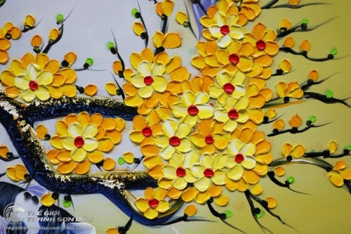 Tranh Sơn Dầu Vẽ Chín Con Cá Chép Dưới Gốc Mai Vàng