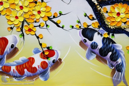 Tranh Sơn Dầu Vẽ Chín Con Cá Chép Dưới Gốc Mai Vàng