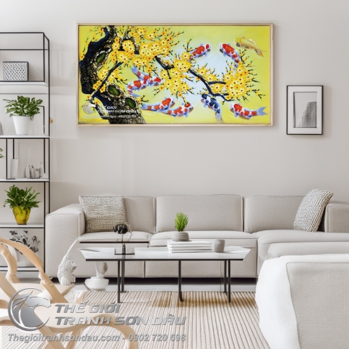 Tranh Sơn Dầu Vẽ Chín Con Cá Chép Dưới Gốc Mai Vàng